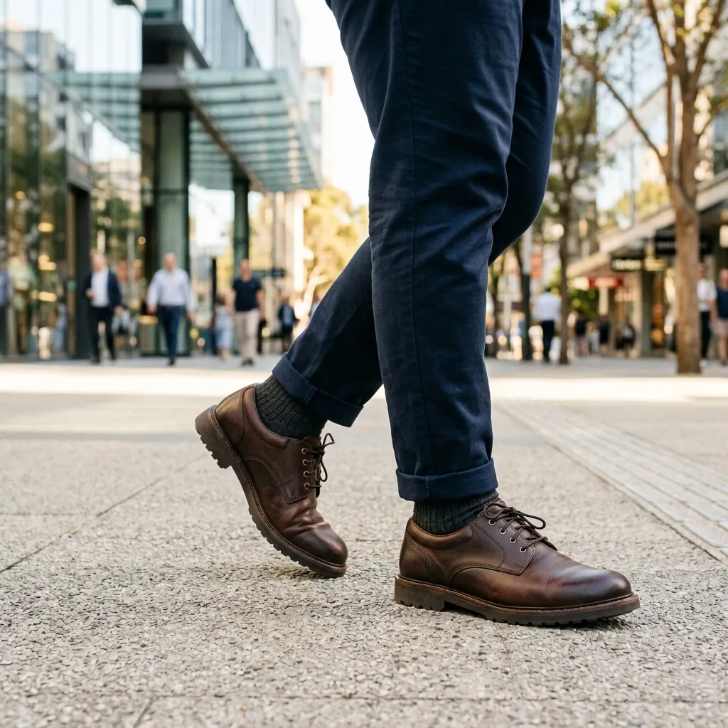 Hombre caminando cómodamente con elegantes zapatos de cuero de ancho especial por la ciudad