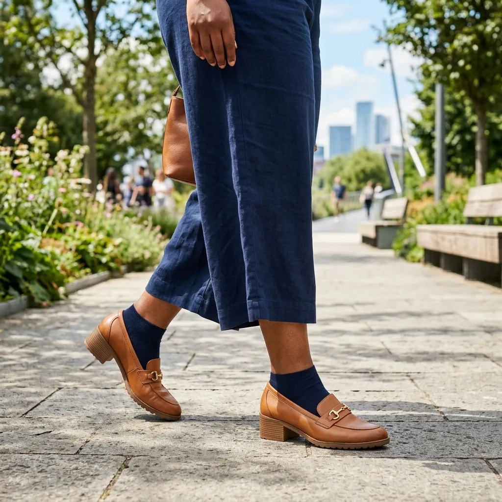 Primer plano de los pies de una mujer caminando cómodamente con unos elegantes mocasines de ancho especial