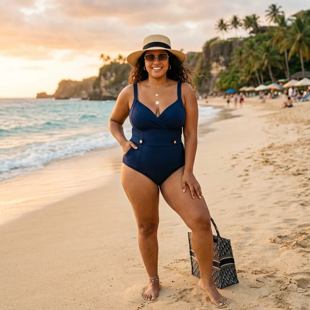 Mujer curvy luciendo un bañador elegante y favorecedor en la playa