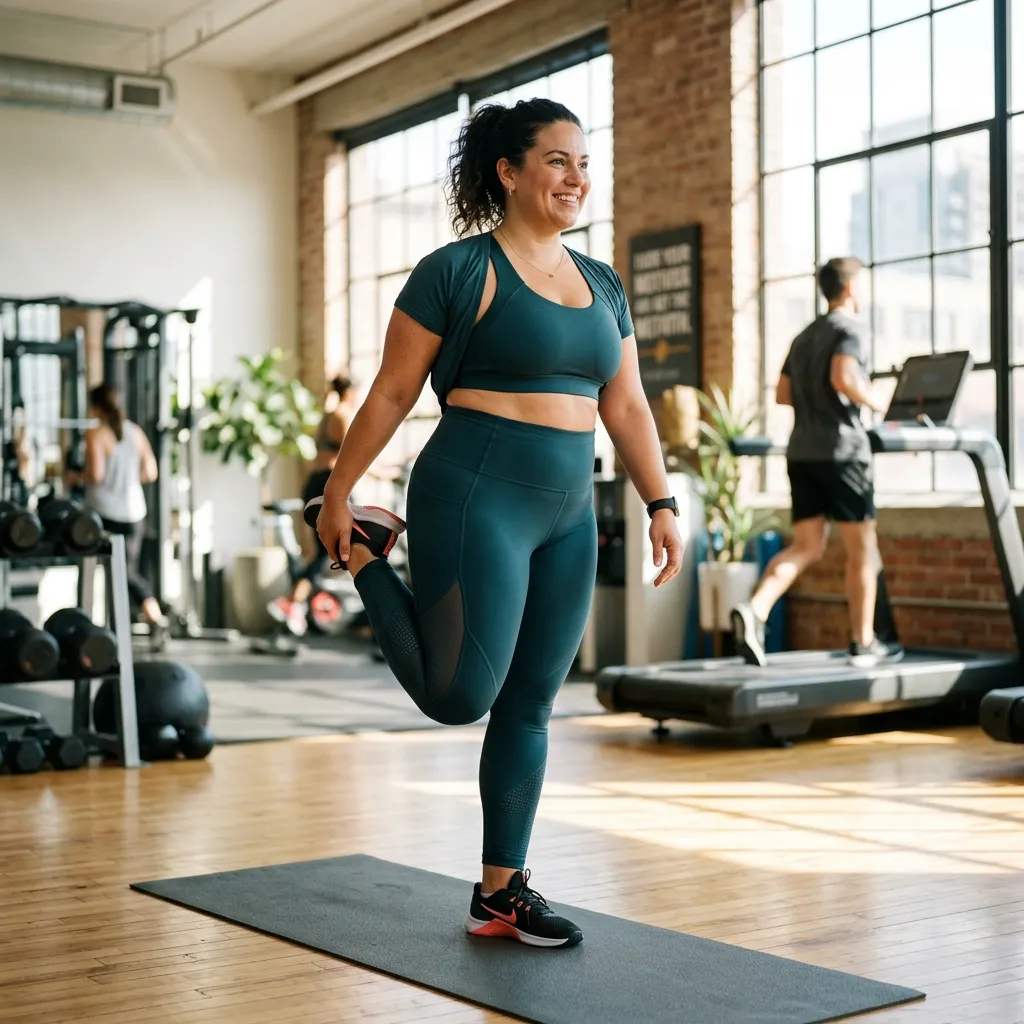 Mujer curvy con ropa deportiva ajustada y de alta calidad estirando en un gimnasio luminoso
